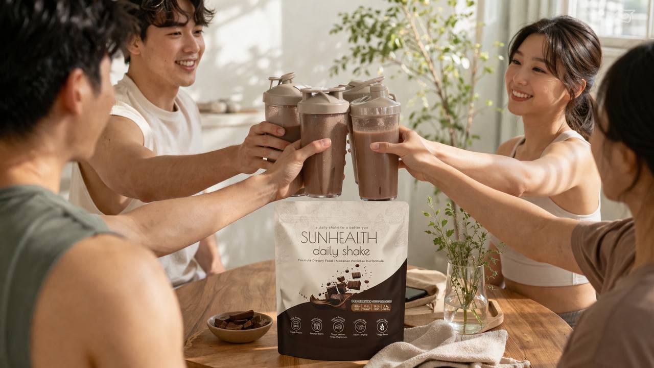 朋友们一起举杯分享 SunHealth 奶昔